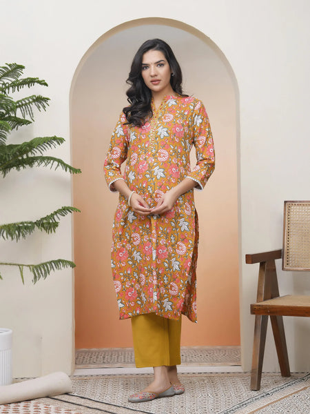Women Mustard Cotton printed Straight Kurti (Set of 5 Pc)