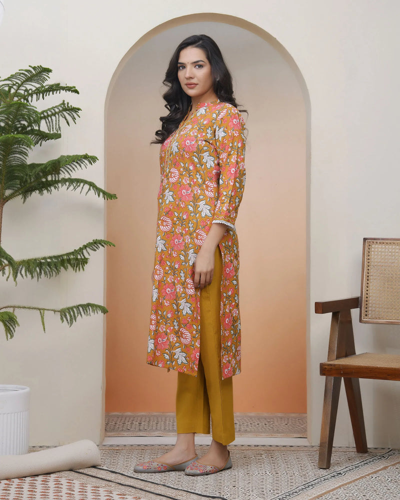 Women Mustard Cotton printed Straight Kurti (Set of 5 Pc)