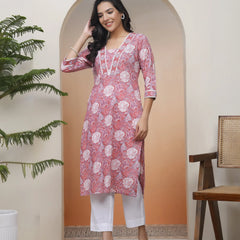 Women Nude Pink Cotton printed Straight Kurti (Set of 5 Pc)