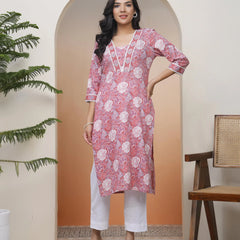 Women Nude Pink Cotton printed Straight Kurti (Set of 5 Pc)