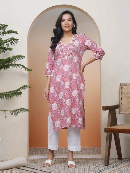 Women Nude Pink Cotton printed Straight Kurti (Set of 5 Pc)