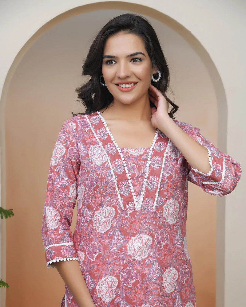Women Nude Pink Cotton printed Straight Kurti (Set of 5 Pc)