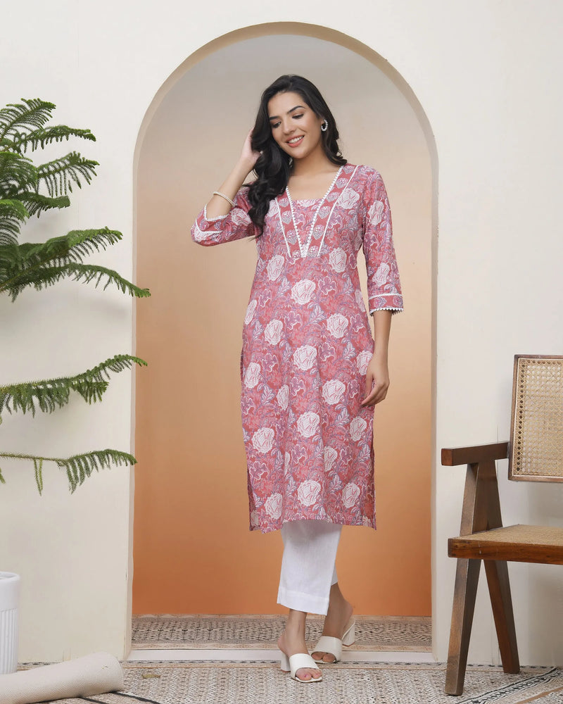 Women Nude Pink Cotton printed Straight Kurti (Set of 5 Pc)