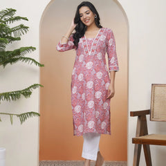Women Nude Pink Cotton printed Straight Kurti (Set of 5 Pc)