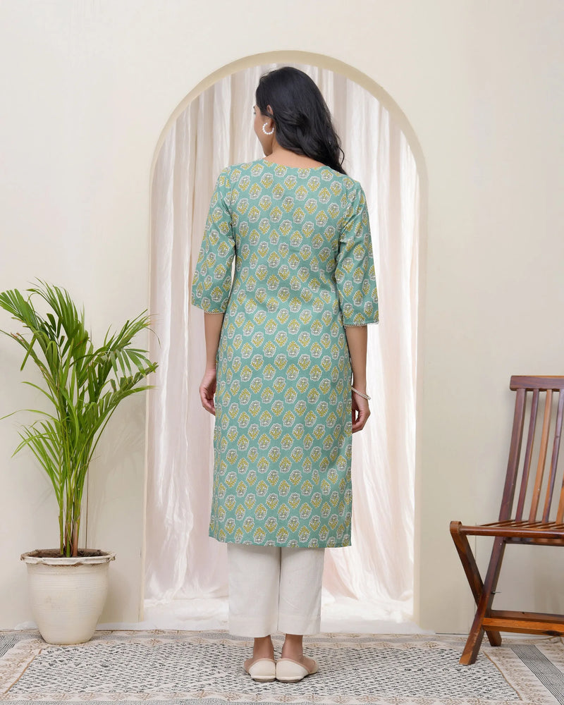 Women Aqua Cotton Printed Straight Kurti (Set of 5 Pc)