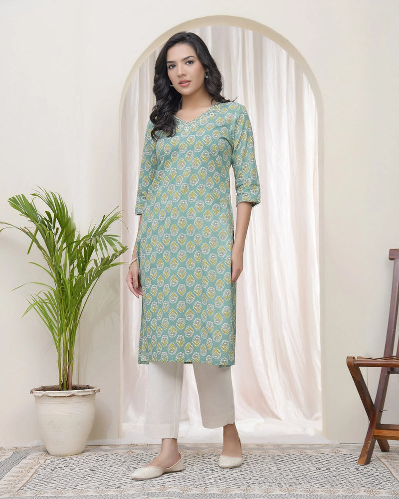 Women Aqua Cotton Printed Straight Kurti (Set of 5 Pc)
