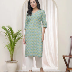 Women Aqua Cotton Printed Straight Kurti (Set of 5 Pc)