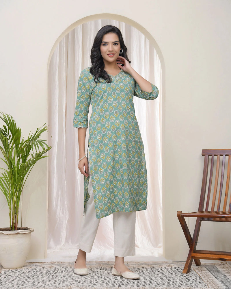 Women Aqua Cotton Printed Straight Kurti (Set of 5 Pc)