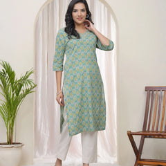 Women Aqua Cotton Printed Straight Kurti (Set of 5 Pc)