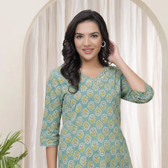 Women Aqua Cotton Printed Straight Kurti (Set of 5 Pc)