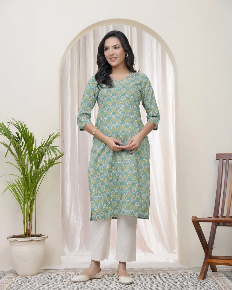 Women Aqua Cotton Printed Straight Kurti (Set of 5 Pc)