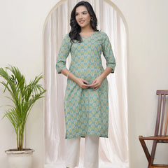 Women Aqua Cotton Printed Straight Kurti (Set of 5 Pc)