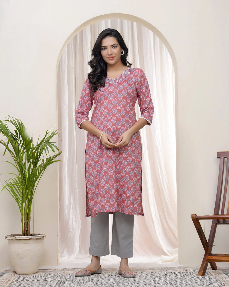 Women Pink Cotton Printed Straight Kurti (Set of 5 Pc)