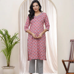 Women Pink Cotton Printed Straight Kurti (Set of 5 Pc)