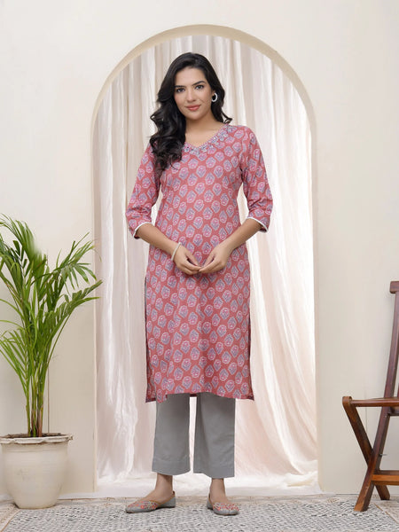 Women Pink Cotton Printed Straight Kurti (Set of 5 Pc)