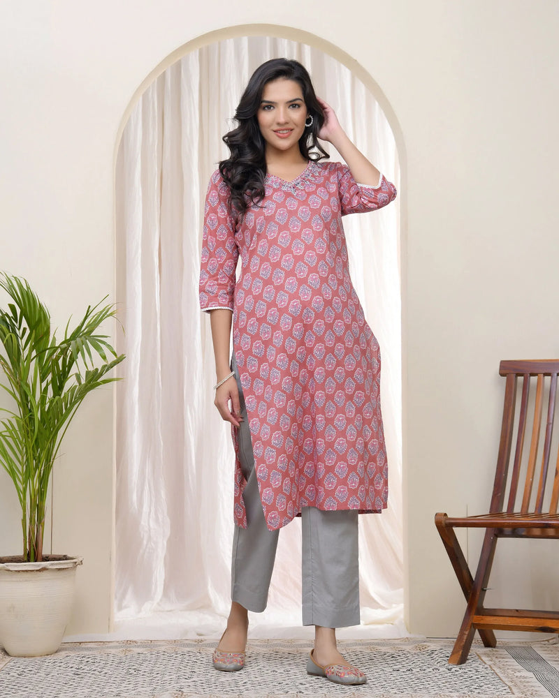 Women Pink Cotton Printed Straight Kurti (Set of 5 Pc)