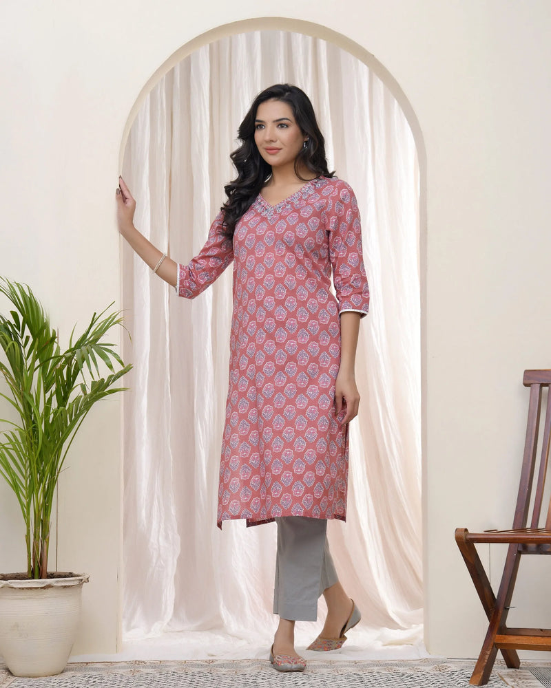 Women Pink Cotton Printed Straight Kurti (Set of 5 Pc)