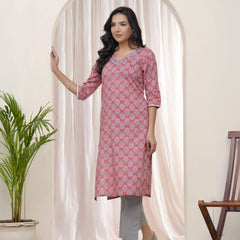 Women Pink Cotton Printed Straight Kurti (Set of 5 Pc)