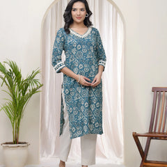 Women Ferozi Cotton printed Straight Kurti (Set of 4 Pc)