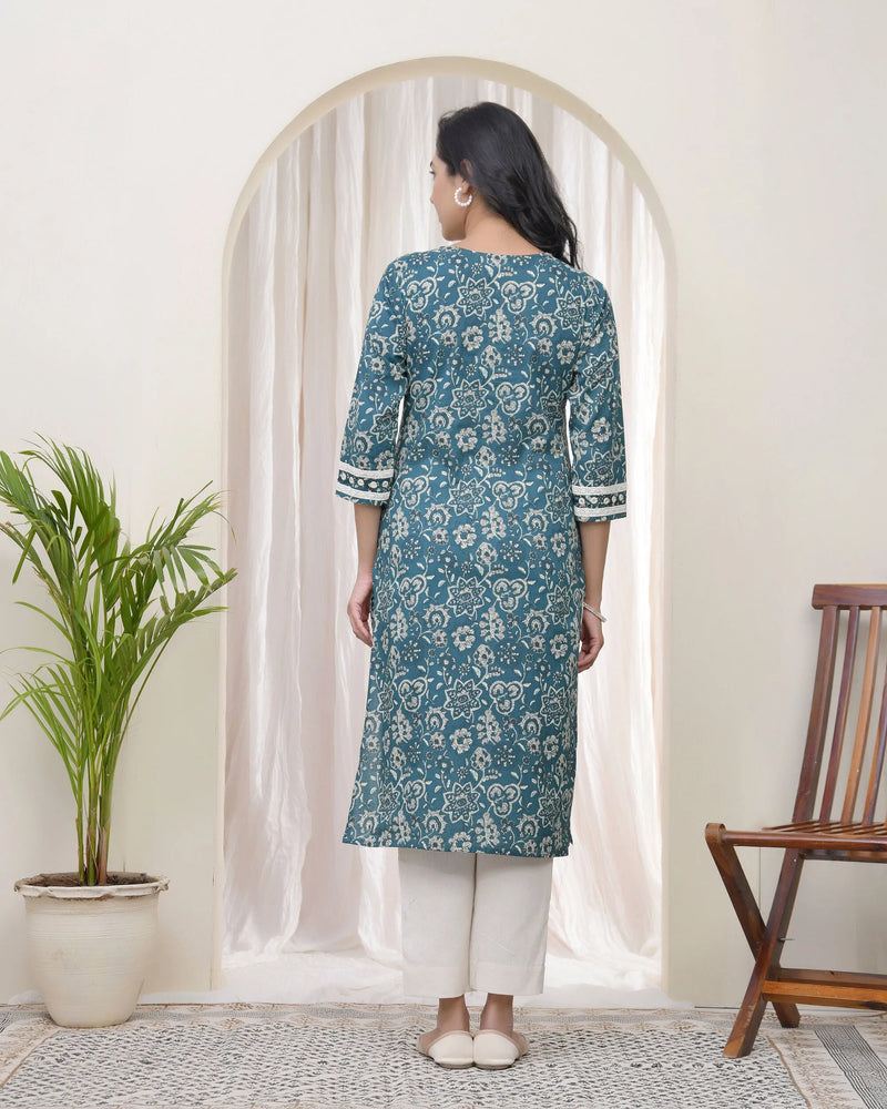 Women Ferozi Cotton printed Straight Kurti (Set of 4 Pc)
