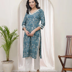 Women Ferozi Cotton printed Straight Kurti (Set of 4 Pc)