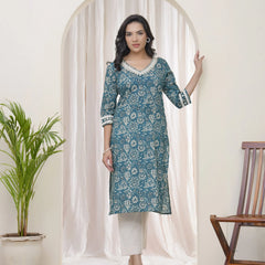 Women Ferozi Cotton printed Straight Kurti (Set of 4 Pc)