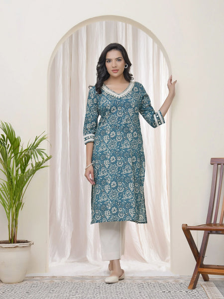Women Ferozi Cotton printed Straight Kurti (Set of 4 Pc)
