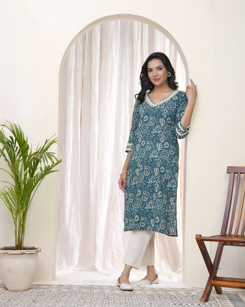 Women Ferozi Cotton printed Straight Kurti (Set of 4 Pc)