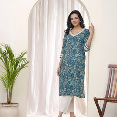 Women Ferozi Cotton printed Straight Kurti (Set of 4 Pc)