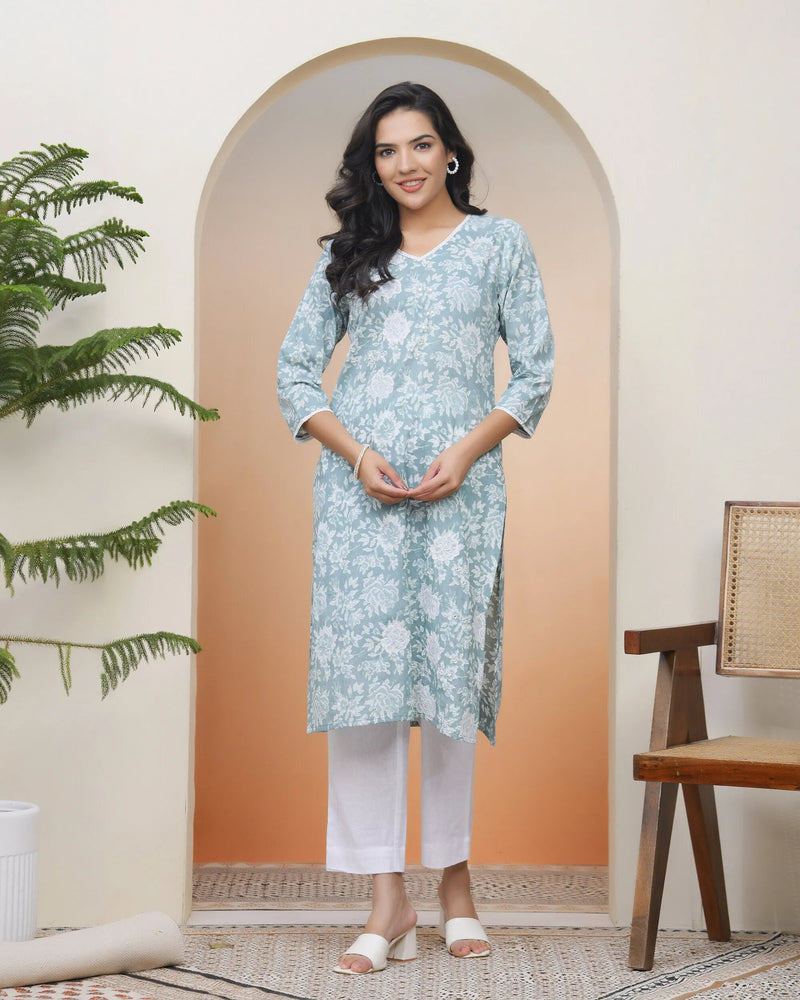 Women Mint Cotton Printed Straight Kurti (Set of 5 Pc)