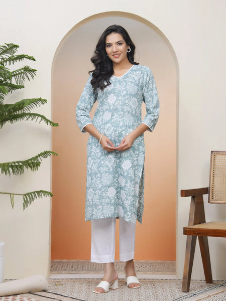 Women Mint Cotton Printed Straight Kurti (Set of 5 Pc)