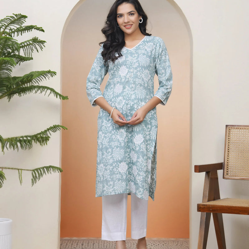 Women Mint Cotton Printed Straight Kurti (Set of 5 Pc)