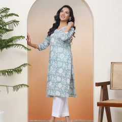 Women Mint Cotton Printed Straight Kurti (Set of 5 Pc)