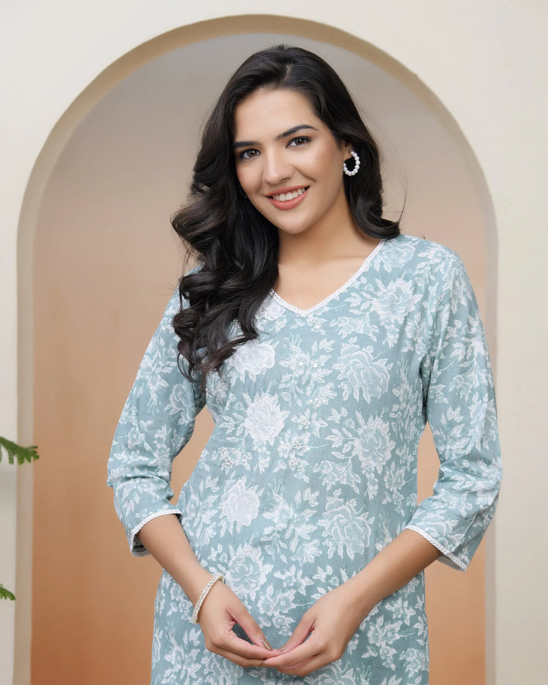 Women Mint Cotton Printed Straight Kurti (Set of 5 Pc)
