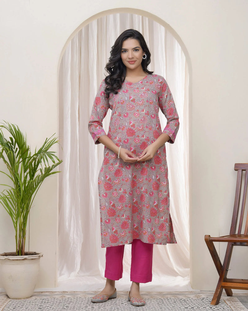 Women Charcoal Cotton printed Straight Kurti (Set of 5 Pc)