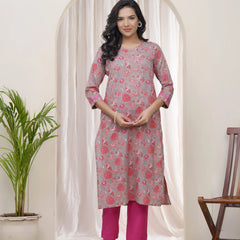 Women Charcoal Cotton printed Straight Kurti (Set of 5 Pc)