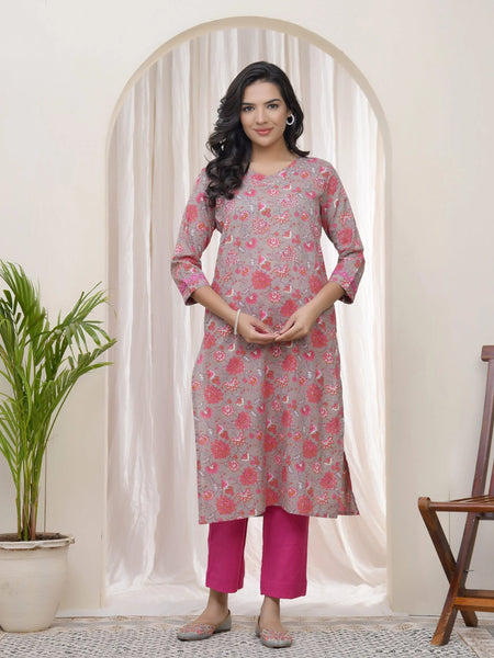 Women Charcoal Cotton printed Straight Kurti (Set of 5 Pc)