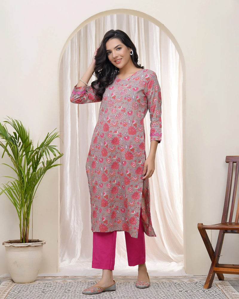 Women Charcoal Cotton printed Straight Kurti (Set of 5 Pc)