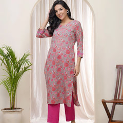 Women Charcoal Cotton printed Straight Kurti (Set of 5 Pc)