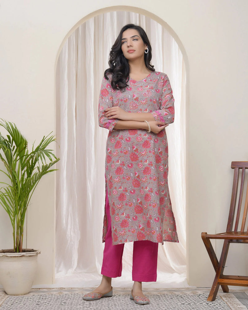 Women Charcoal Cotton printed Straight Kurti (Set of 5 Pc)