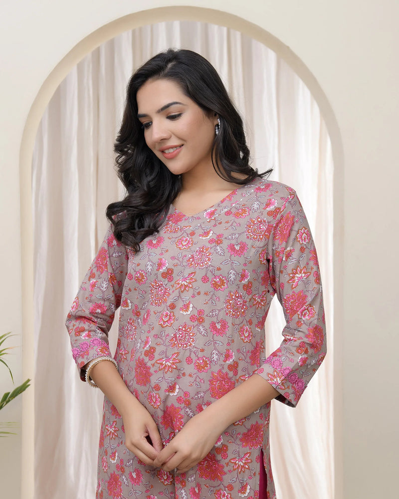 Women Charcoal Cotton printed Straight Kurti (Set of 5 Pc)