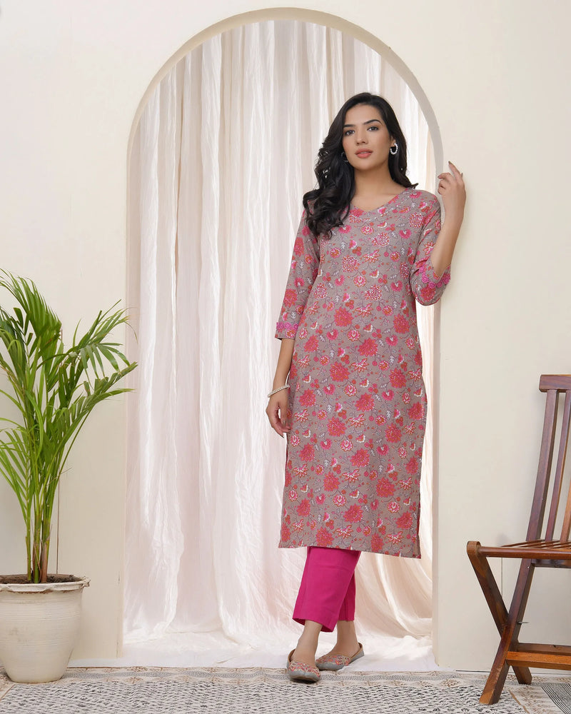 Women Charcoal Cotton printed Straight Kurti (Set of 5 Pc)