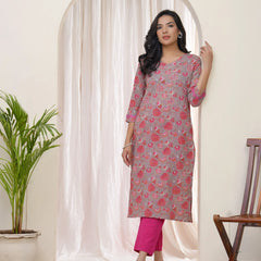 Women Charcoal Cotton printed Straight Kurti (Set of 5 Pc)