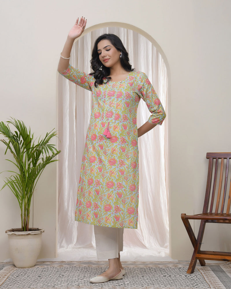 Women Multicolor Cotton printed Straight Kurti (Set of 5 Pc)