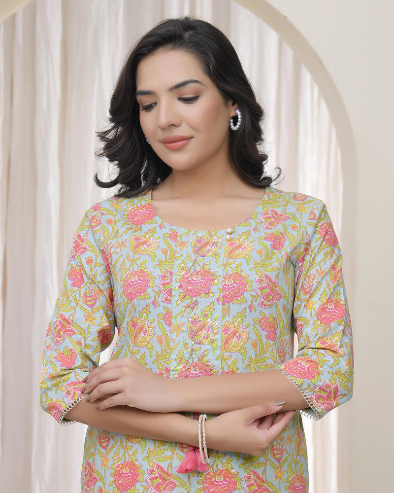 Women Multicolor Cotton printed Straight Kurti (Set of 5 Pc)