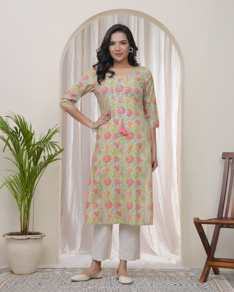 Women Multicolor Cotton printed Straight Kurti (Set of 5 Pc)