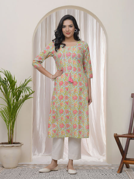 Women Multicolor Cotton printed Straight Kurti (Set of 5 Pc)