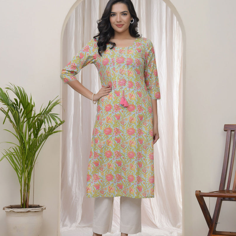 Women Multicolor Cotton printed Straight Kurti (Set of 5 Pc)