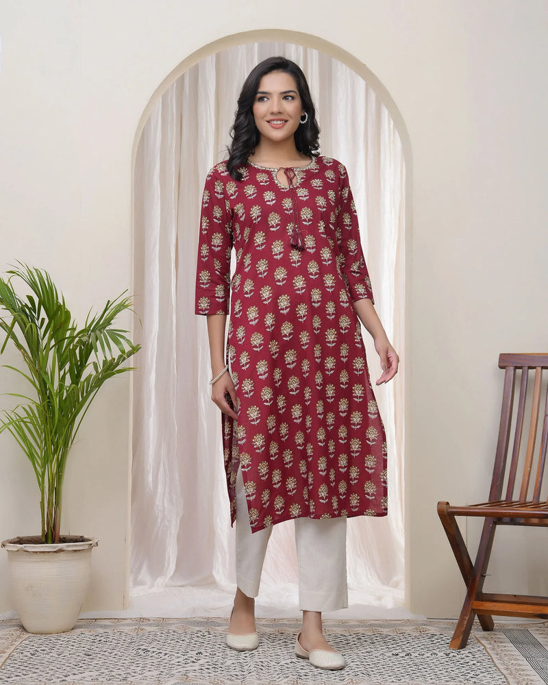 Women Maroon Cotton printed Straight Kurti (Set of 5 Pc)