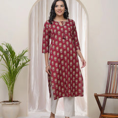 Women Maroon Cotton printed Straight Kurti (Set of 5 Pc)